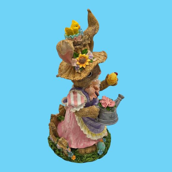 Dressed Rabbit VTG Figurine Easter Spring Cottage Decor Eggs Watering Can Tulips - Picture 6 of 11